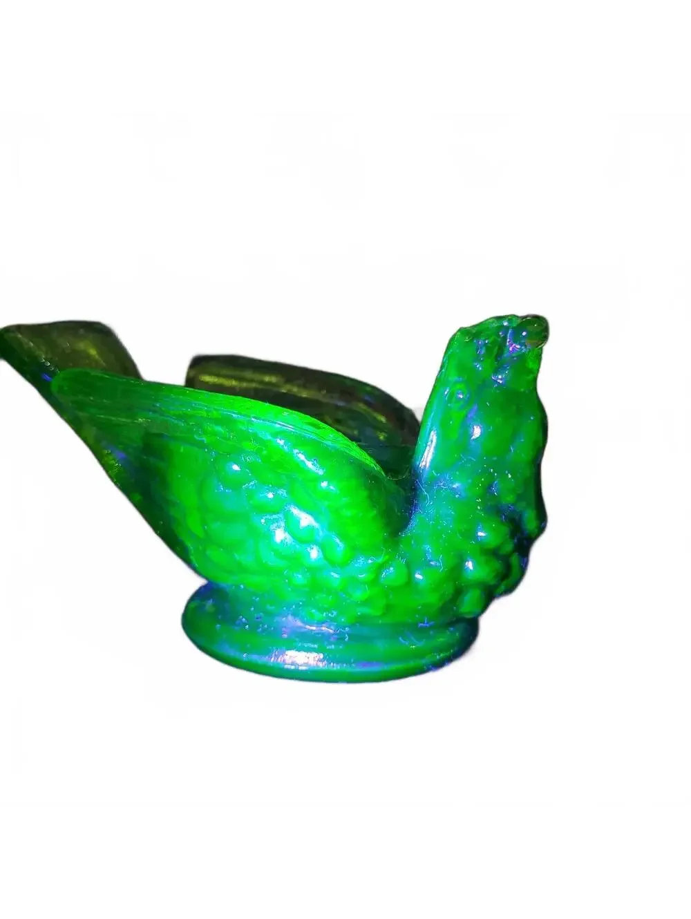 Vintge Kanawha Glass Salt Cellar Glows Green Bird with Berry in Mouth